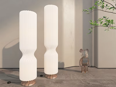 Modern Floor Lamps with White Pleated Shades and Wooden Bases in Interior with Decorative Figurine 3d model
