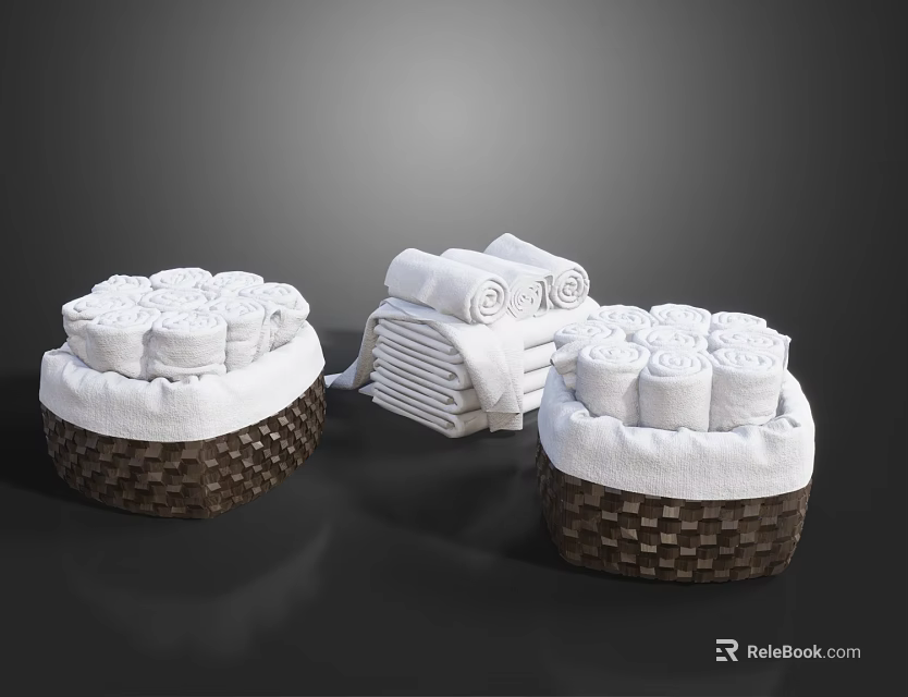 Neatly Rolled And Folded White Towels In Wicker Baskets For Bathroom Decor Essentials 3d model 