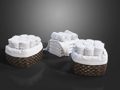 Neatly Rolled And Folded White Towels In Wicker Baskets For Bathroom Decor Essentials 3d model