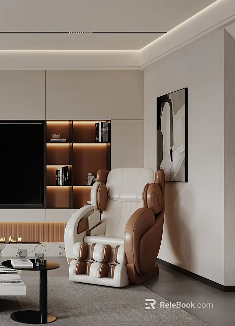 Modern Living Room With White And Brown Leather Massage Chair And Decorative Wall Art 3d model 