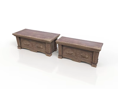 Two Brown Wooden Benches with Exquisite Carved Patterns for Home Living Spaces 3d model