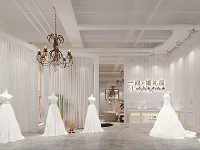 Elegant Bridal Shop Interior With White Wedding Dresses Mannequins Chandelier And White Curtains 3d model