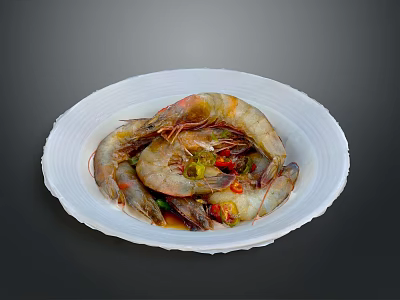 Steamed Shrimp with Green Onions and Red Chilies on White Plate 3d model