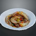 Steamed Shrimp with Green Onions and Red Chilies on White Plate