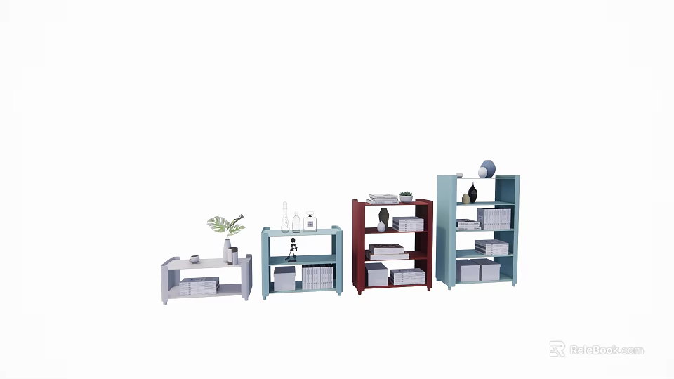Colorful Modern Bookcases With Multiple Shelves Decorative Plants And Storage Spaces 3d model 