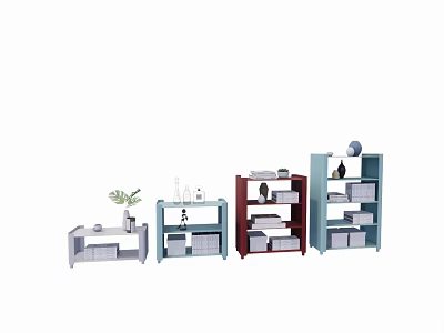 Colorful Modern Bookcases With Multiple Shelves Decorative Plants And Storage Spaces 3d model