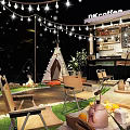 Cozy Outdoor Cafe Space With String Lights Teepee Grass And Wooden Seating 3d model