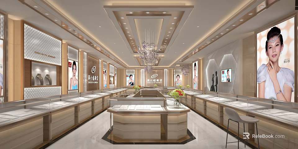 Modern Luxury Jewelry Store Interior With Glass Display Cases Chandelier And Decorative Flowers 3d model 