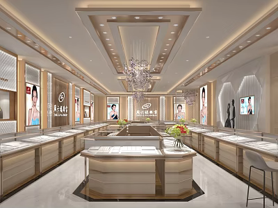 Modern Luxury Jewelry Store Interior With Glass Display Cases Chandelier And Decorative Flowers 3d model