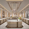 Modern Luxury Jewelry Store Interior With Glass Display Cases Chandelier And Decorative Flowers