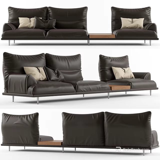 Modern Black Leather Three Seater Sofa With Cushions And Metal Legs 3d model 