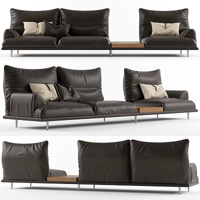 Modern Black Leather Three Seater Sofa With Cushions And Metal Legs 3d model