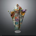 Traditional Japanese Kimono With Colorful Floral Patterns Displayed On Mannequin Stand