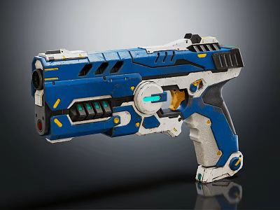 Blue and White Sci-Fi Pistol with Futuristic Design Sleek Body and Green Glowing Element 3d model
