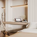Tatami Bedroom Interior With Minimalist Design Wooden Floor Desk And Bookshelf Lighting