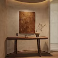 Rustic Wooden Console Table With Vase Small Decor And Brown Painting On Beige Wall