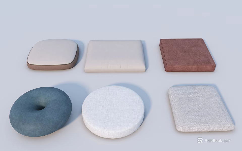 Various Shaped Soft Fabric Seat Cushions In White Brown Blue Tones 3d model 