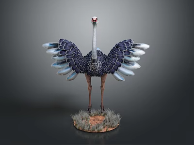 Realistic Ostrich Model With Spread Wings Standing On Grass Base Dark Background 3d model Realistic Ostrich Model With Spread Wings Standing On Grass Base Dark Background 3d model