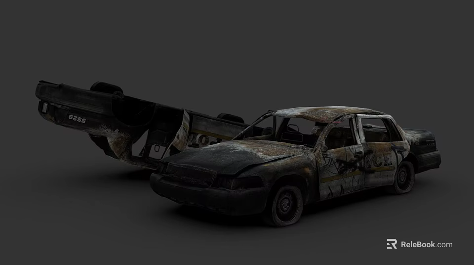 Old Damaged Car With Graffiti Front Damaged After Truck Collision Broken Windows 3d model 