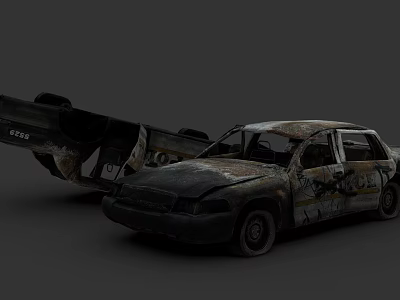 Old Damaged Car With Graffiti Front Damaged After Truck Collision Broken Windows 3d model