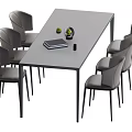 Gray Rectangular Dining Table Set With Six Modern Gray Chairs Green Plant Book Vase 3d model