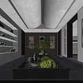 Modern Interior Space With Glass Partitions Display Shelves Green Plants And Wooden Flooring