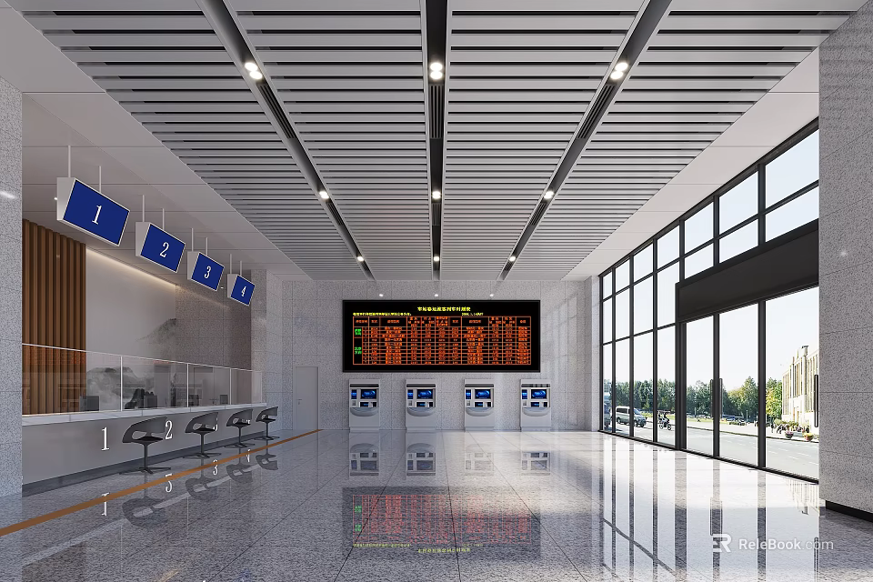 Bright Modern Public Lobby With Information Display Board Direction Signs And Self Service Kiosks 3d model 