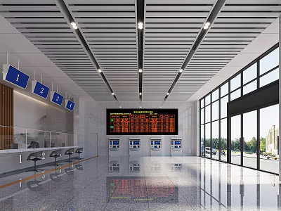 Bright Modern Public Lobby With Information Display Board Direction Signs And Self Service Kiosks 3d model