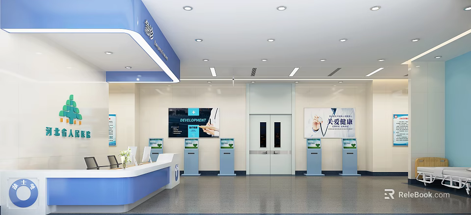 Medical Lobby Reception Area With Self Service Kiosks Digital Screen And Signage 3d model 