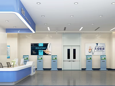 Medical Lobby Reception Area With Self Service Kiosks Digital Screen And Signage 3d model