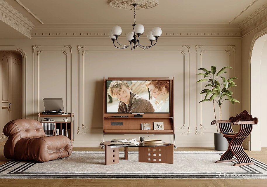 Elegant Living Room Interior With Beige Walls Chandelier Brown Leather Sofa And Wooden Coffee Table 3d model 