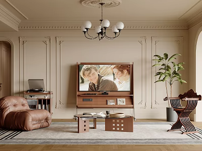 Elegant Living Room Interior With Beige Walls Chandelier Brown Leather Sofa And Wooden Coffee Table 3d model