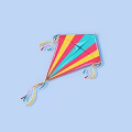 Colorful Triangular Kite Flying In Blue Sky With Colorful Streamers
