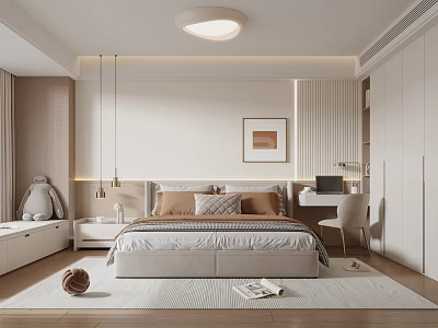 Modern Bedroom Interior Design With Bed Pillows Bedside Lamp Desk Chair Wardrobe And Rug 3d model