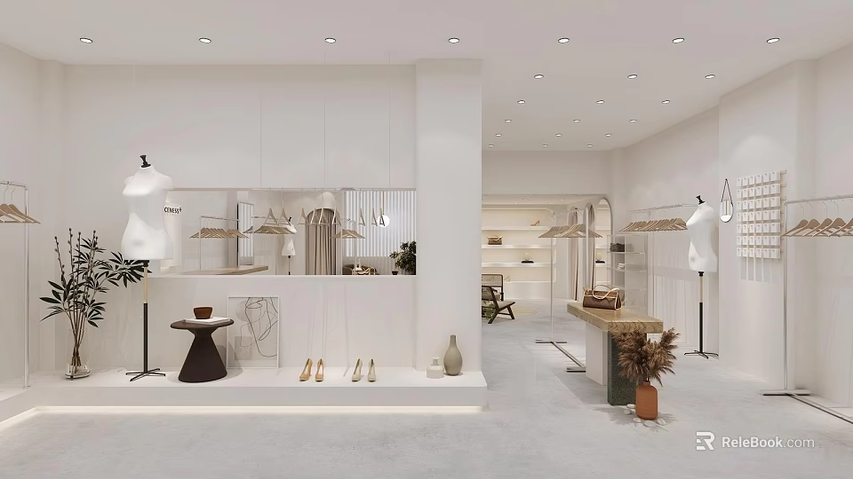 Modern Minimalist Clothing Store Interior With Mannequins Clothing Racks Shoes And Decorative Items 3d model 