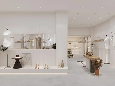 Modern Minimalist Clothing Store Interior With Mannequins Clothing Racks Shoes And Decorative Items 3d model