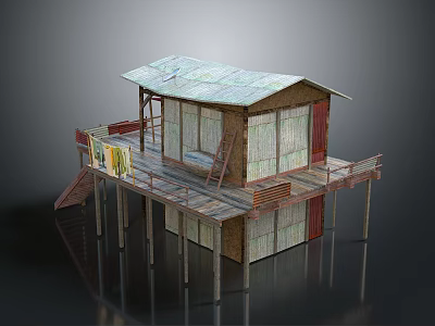 Rustic Wooden Stilt House With Elevated Deck Green Roof Windows And Staircase 3d model