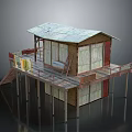 Rustic Wooden Stilt House With Elevated Deck Green Roof Windows And Staircase