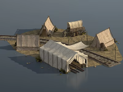 Traditional Camping Tents Setup With Wooden Paths Carriage And Plants 3d model