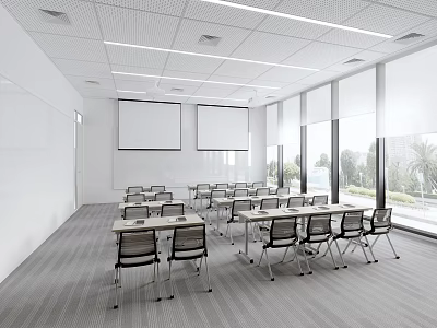 School Modern Classroom Setup With Desks Chairs Projectors And Large Windows 3d model