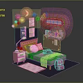 Kids Bedroom Design With Pink Bed Stars Moon Goodnight Neon Lights And Wall Frames