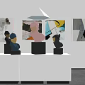 Art Gallery Exhibition Interior With Paintings Sculptures And Green Plants