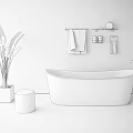 White Bathtub With Gray Wall Pink Towel Silver Towel Rack Green Plant And Pink Stool
