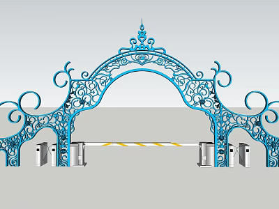 Ornate Blue Iron Entrance Gate With Silver Automatic Turnstiles And Yellow Black Stripes 3d model