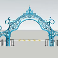 Ornate Blue Iron Entrance Gate With Silver Automatic Turnstiles And Yellow Black Stripes