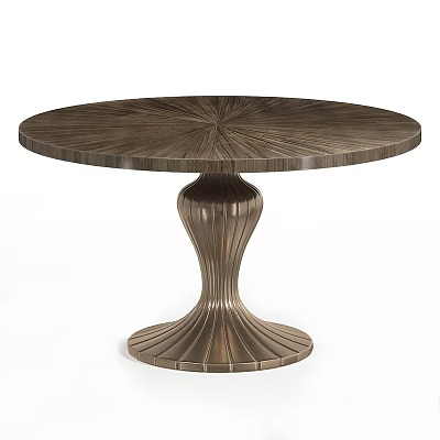 Round Wooden Dining Table with Radiant Patterned Top and Elegant Metal Pedestal Base 3d model