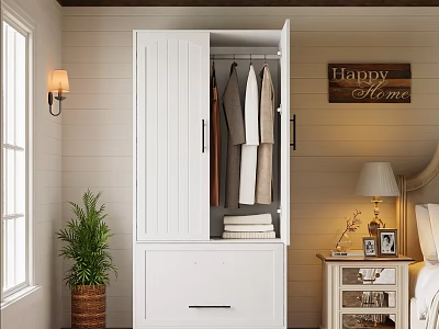 White Wardrobe With Shutter Doors Hanging Clothes Drawer Folded Towels Happy Home Sign Cozy Bedroom 3d model