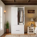 White Wardrobe With Shutter Doors Hanging Clothes Drawer Folded Towels Happy Home Sign Cozy Bedroom