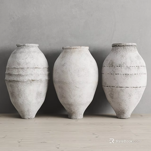 Three White Textured Ceramic Vases Decorative Ornament Set Against Grey Wall On Light Wooden Surface 3d model 