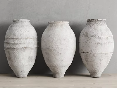 Three White Textured Ceramic Vases Decorative Ornament Set Against Grey Wall On Light Wooden Surface 3d model